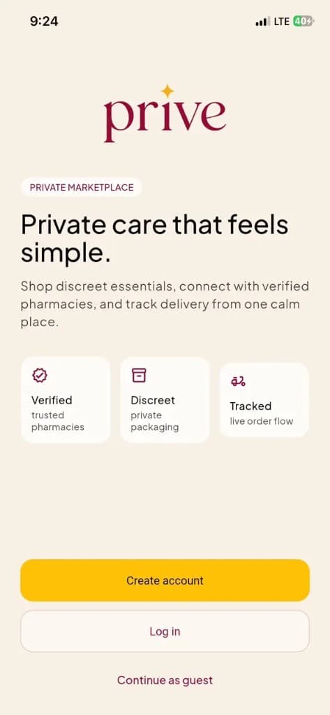 Prive app welcome screen
